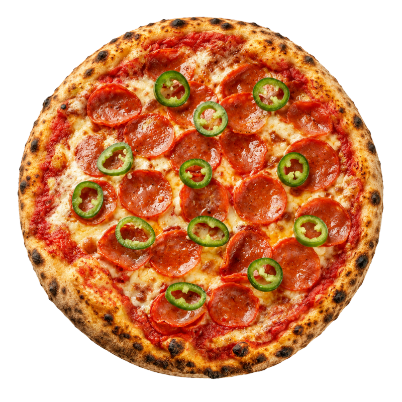 Pizza Diavola cu salam picant și rondele de ardei iute verde
