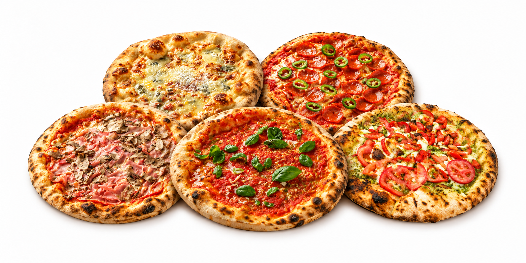 Cinci pizza SAUCY așezate una lângă alta: quattro formaggi, diavola, prosciutto funghi, margherita și pizza cu pesto și roșii