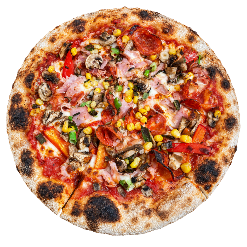 Pizza Țărănească cu bacon, salam, ciuperci, ardei și porumb