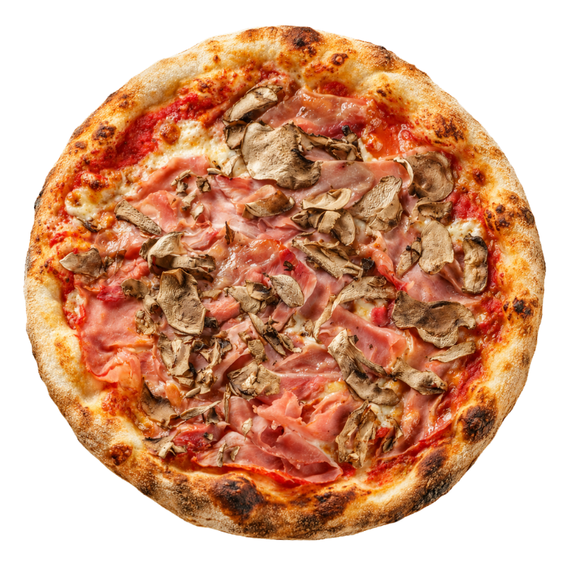 Pizza cu șuncă și ciuperci feliate